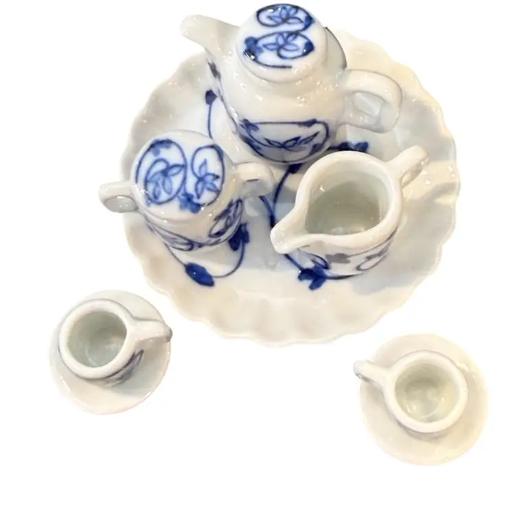 Handcrafted Thailand Blue White Porcelain Footed Flower Leaves Vintage Mini Tea Set