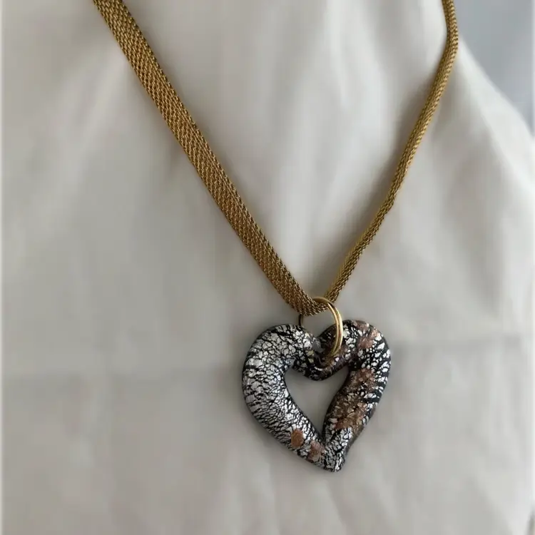 Vintage Gold Mesh Chain with Fused Glass Heart Pendant