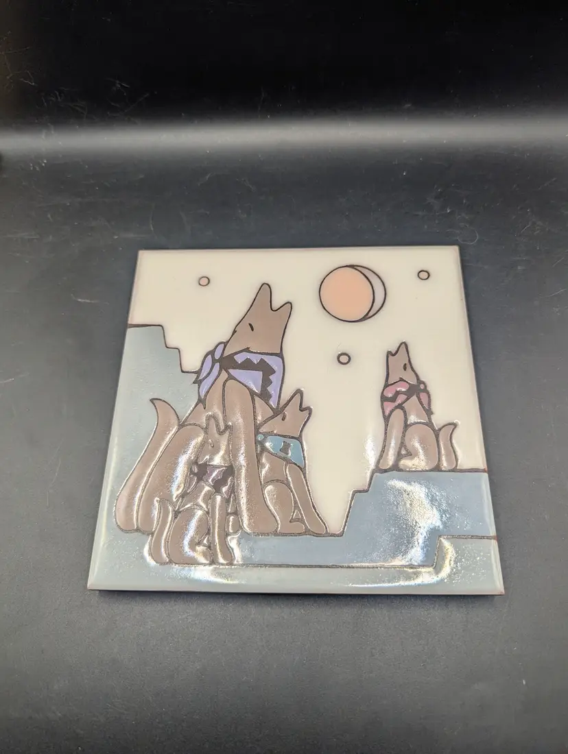 Masterworks Coyote Moon  Art Tile  Ceramic Hand Painted Trivet Southwest Desert