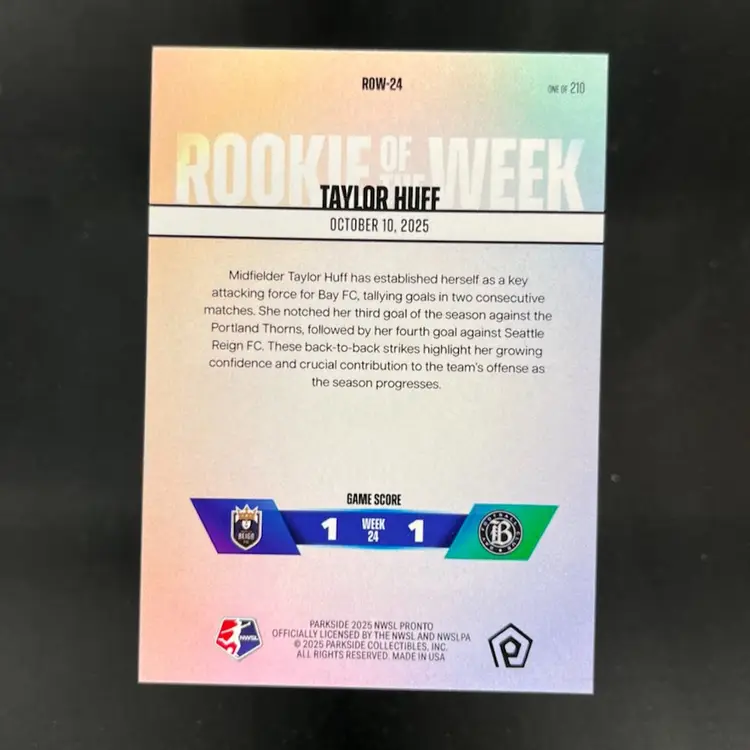 Taylor Huff 2025 NWSL Parkside Pronto Rookie Of The Week Subscriber Exclusive /210 Soccer Card #ROW24