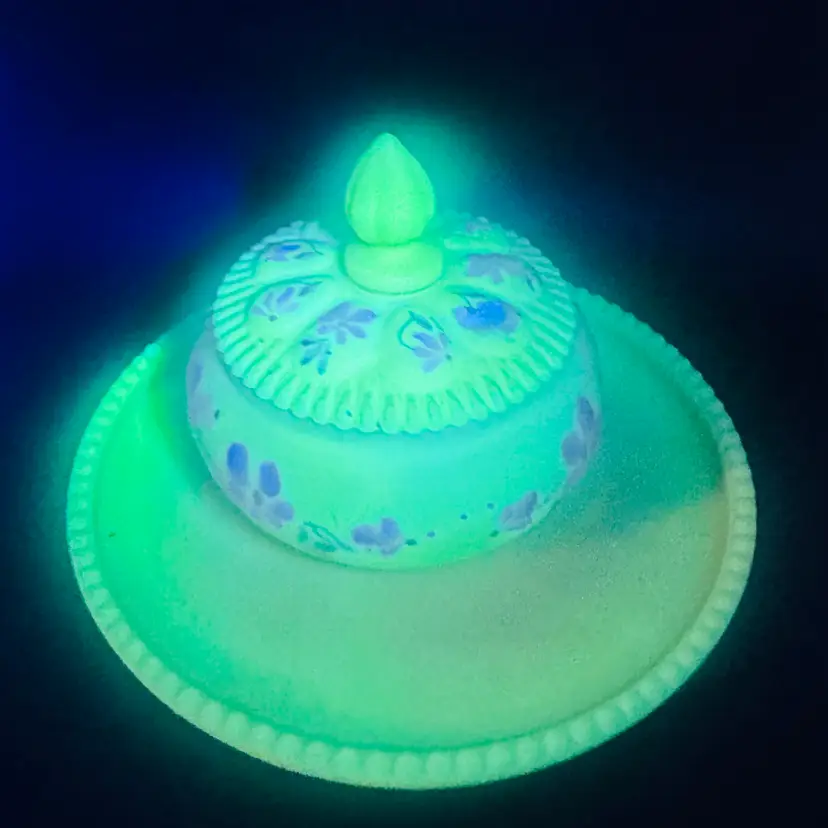 22. Fenton Burmese Satin Hand Painted 2 pc. Vanity Set. Rare