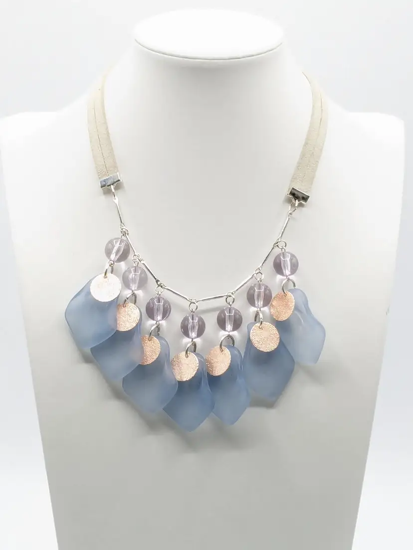 Blue Statement Necklace with Rose Gold Color Disks Cear Beads Suede Chain