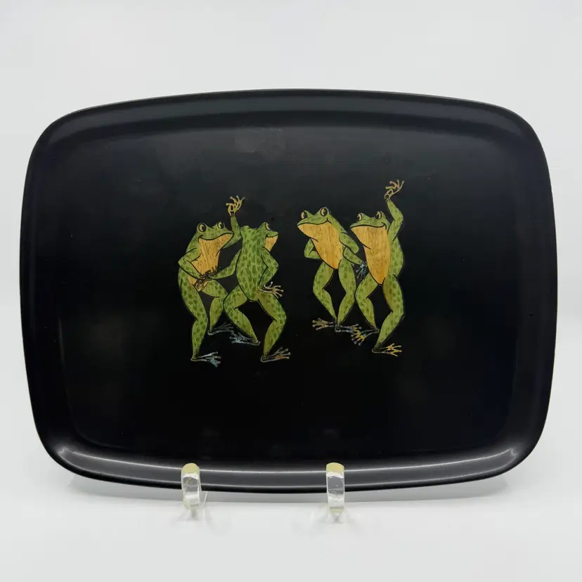 Vtg 60/70s Couroc Monterey CA Tray Green Dancing Frogs Mid Century 13x10