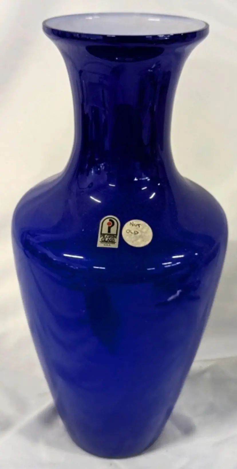 Handmade Pilgrim Glass Cobalt Over Milk Glass Vase.