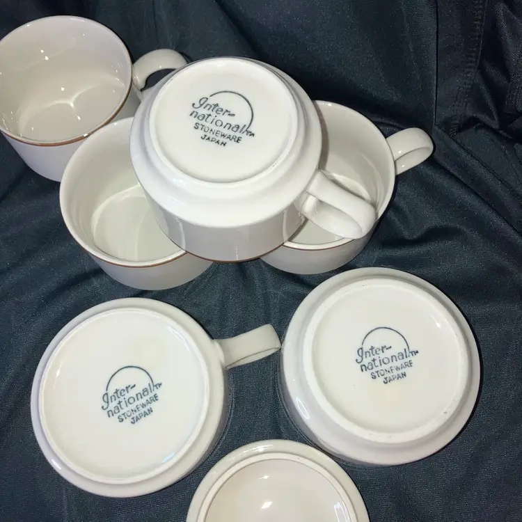 Vintage Caramel Rim International Set Stoneware 4 Cups Creamer Sugar Bowl W/Lid