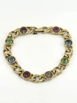 Vintage colorful glass rhinestone gold chain bracelet
