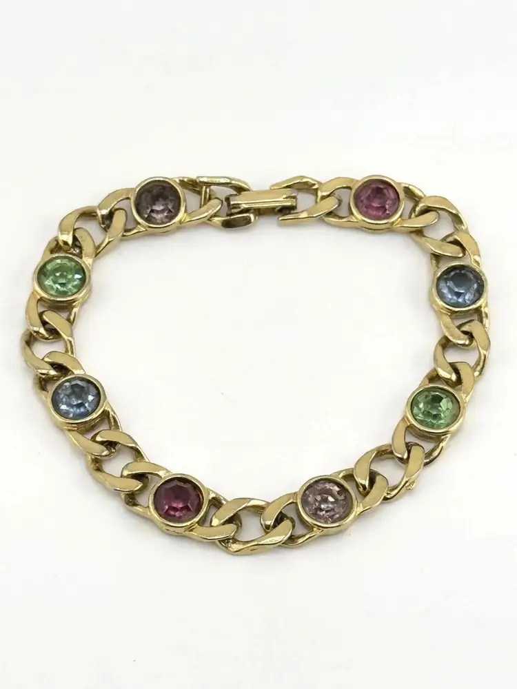 Vintage colorful glass rhinestone gold chain bracelet