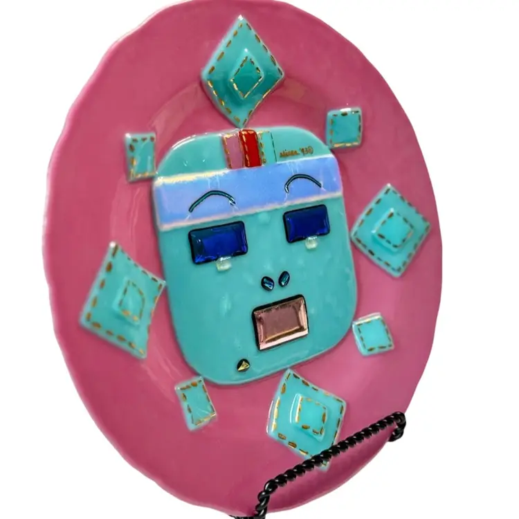 Fused Art Glass 8” Plate  1993 Art Deco Iridescent Pink Aqua Blue Signed