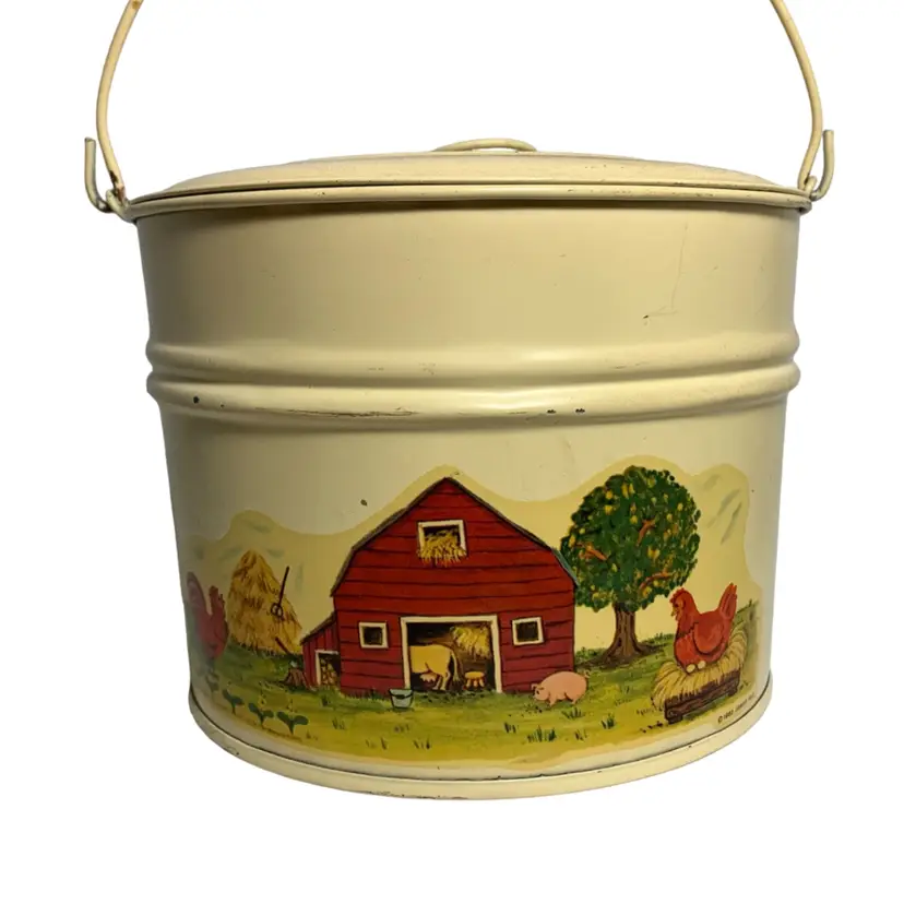 VTG 1983 Jamar Tin Bucket Country Farmhouse Decal With Lid And Handle Chickens, Pig