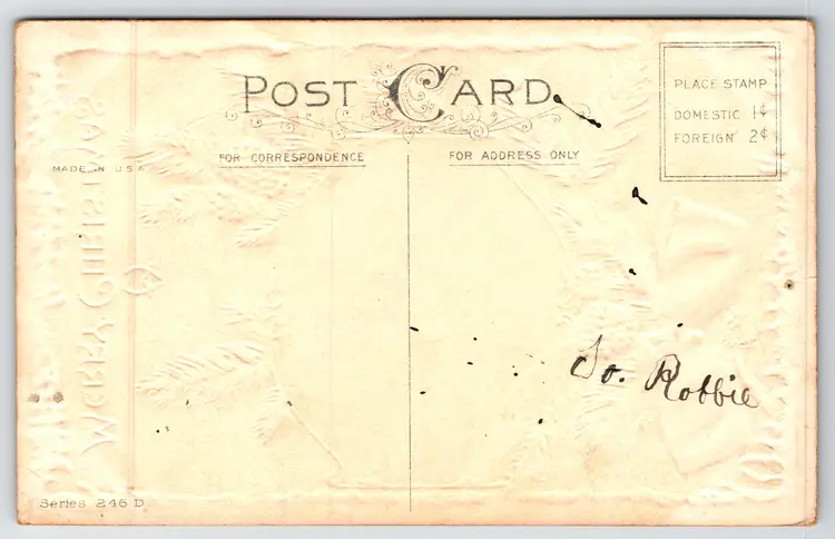 Postcard A Merry Christmas Embossed Oval Framed Winter Scene on Evergreens Snow, Stecher Lithographic Company - 14514