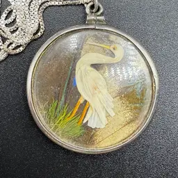 Reversible Two Birds Made With Natural Feathers Pendant Morpho Wings Background Pendant On .925 Italian Sterling 16” Necklace