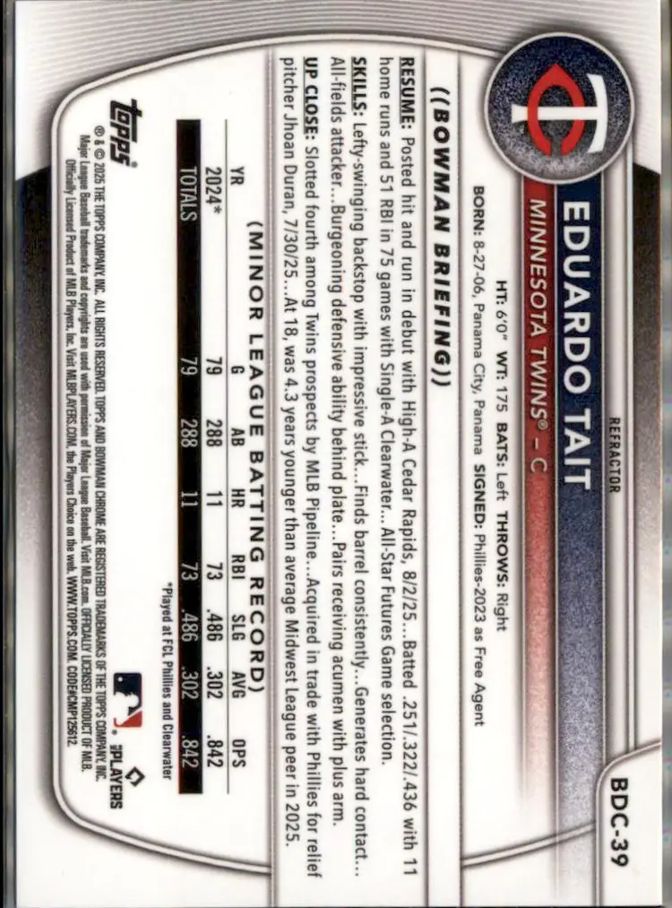 2025 Bowman Draft #BDC-39 Eduardo Tait Chrome Refractor - (138) - Minnesota Twins
