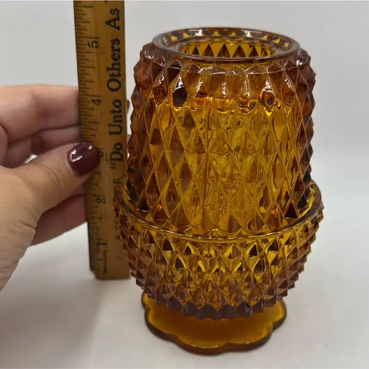 Vintage Diamond Point Amber Indiana Glass Fairy Lamp- As Is- See Photos