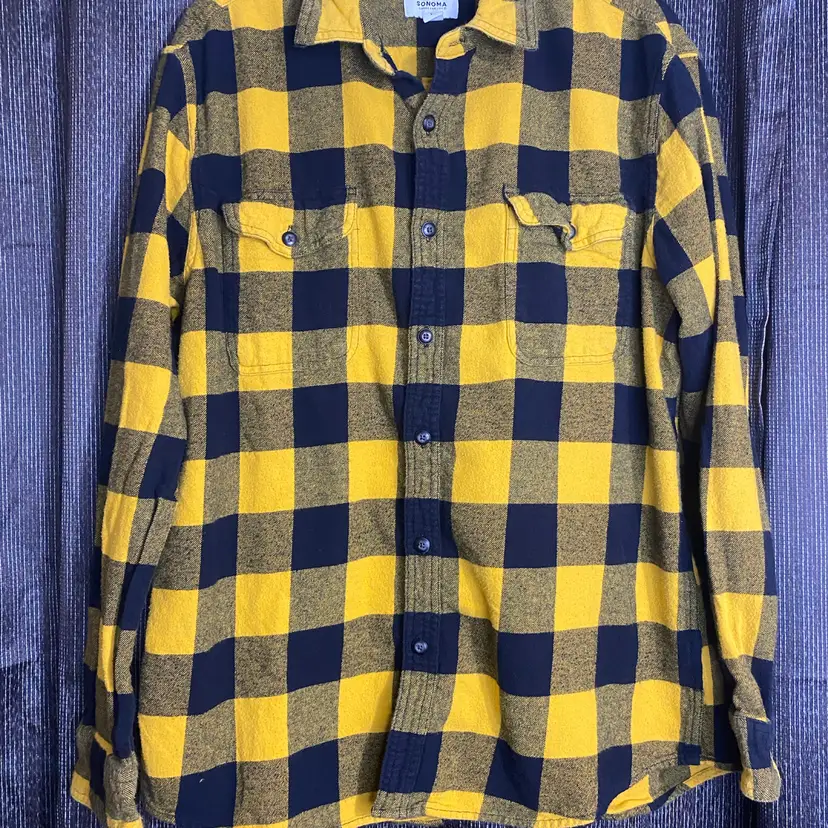 Sonoma Men's Size Large Black & Golden Yellow Plaid Long Sleeve Flannel Shirt