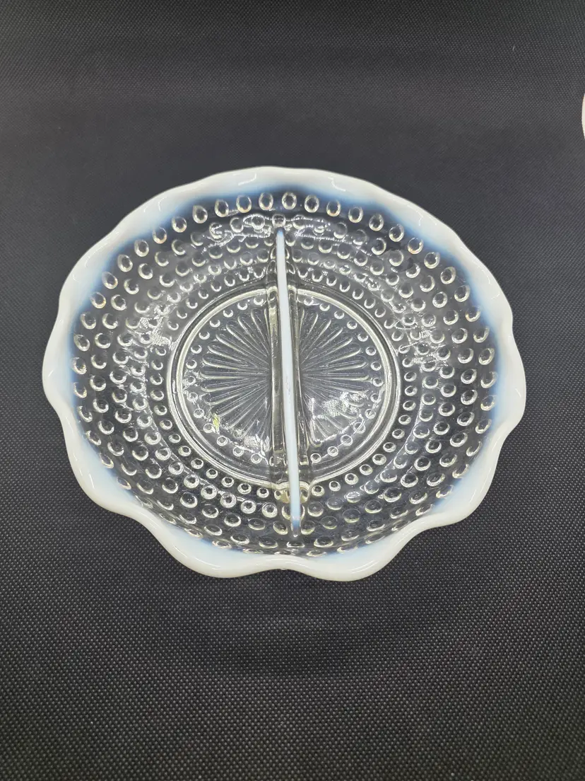 Vintage Opalescent Hobnail Divided Glass Candy Dish Opalescent Scalloped Edges
