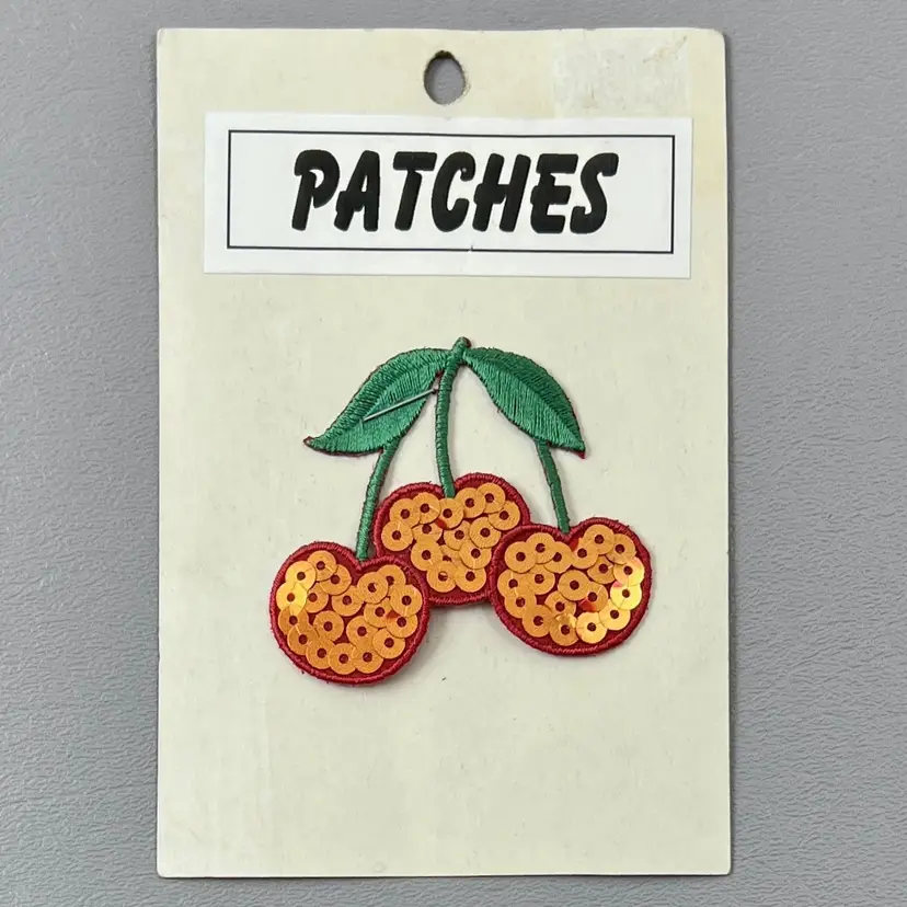 New Sequined Embroidered Cherries Cherry Patch 2.25”x2.5” Red Green