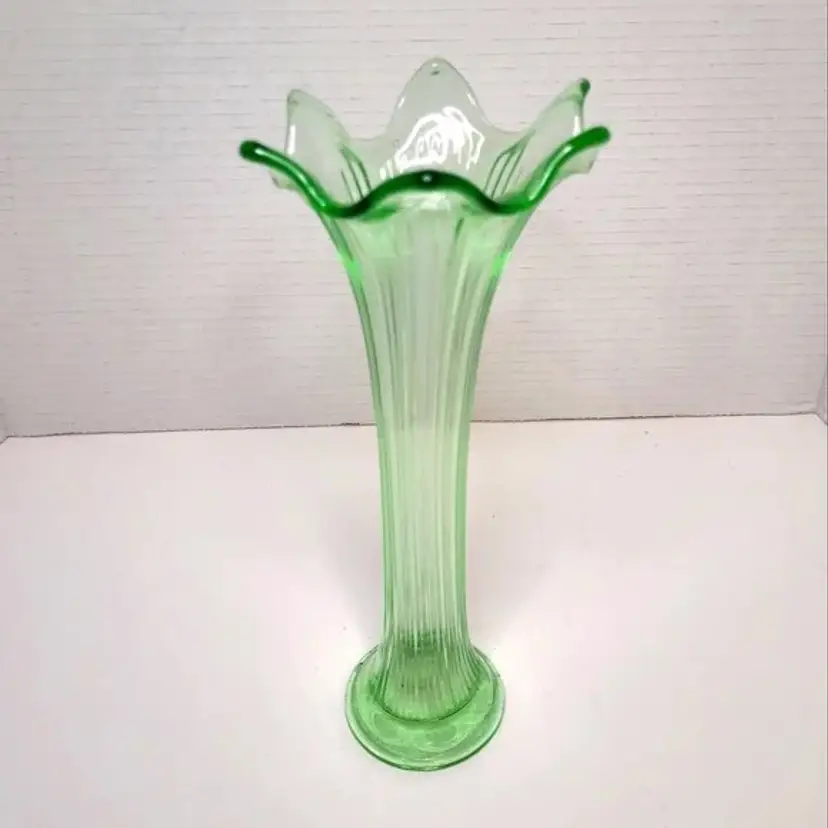 Vintage Uranium Green Glass Handkerchief Top Ribbed Vase
