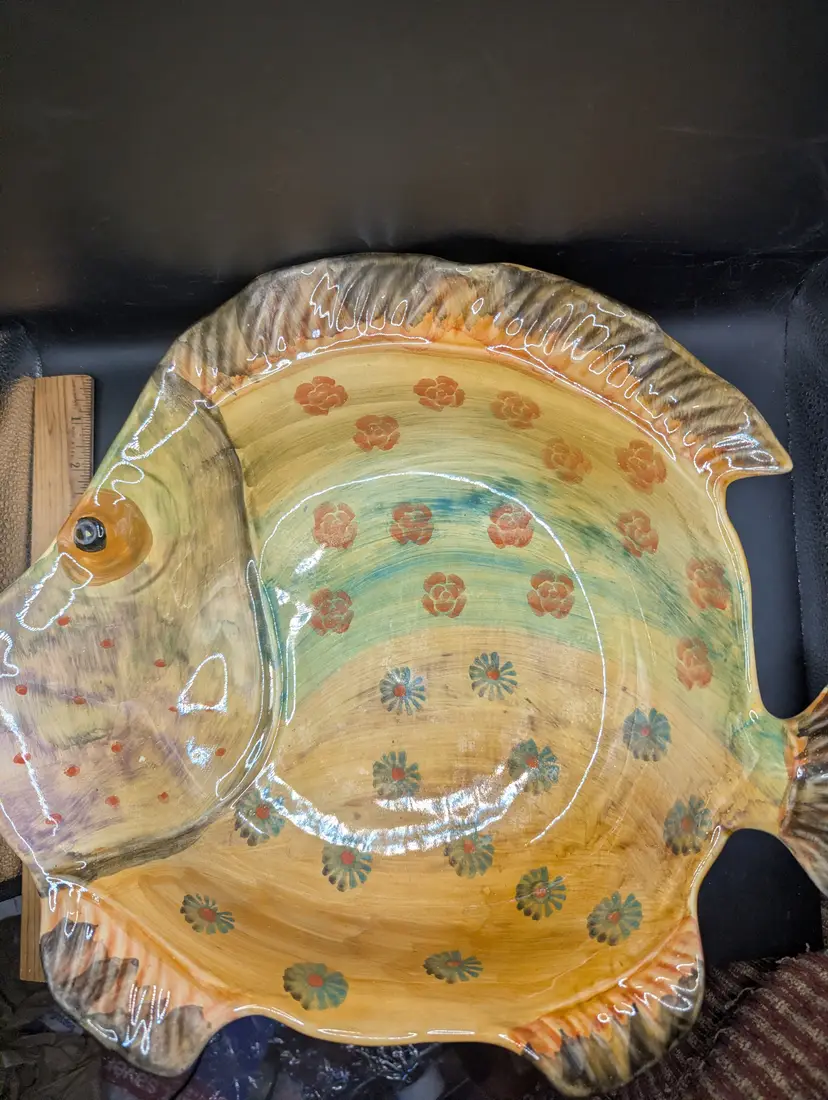 Vintage Italian Art Fish Ceramic Bowl Hand Painted Art Pottery EUC Large.