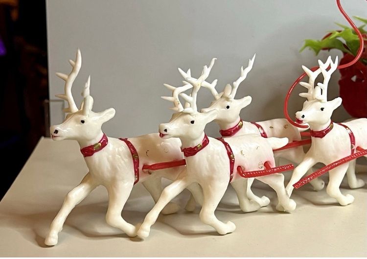 VTG Kitschy Blow Mold Santa, Flocked Sleigh & Four Reindeer 16”
