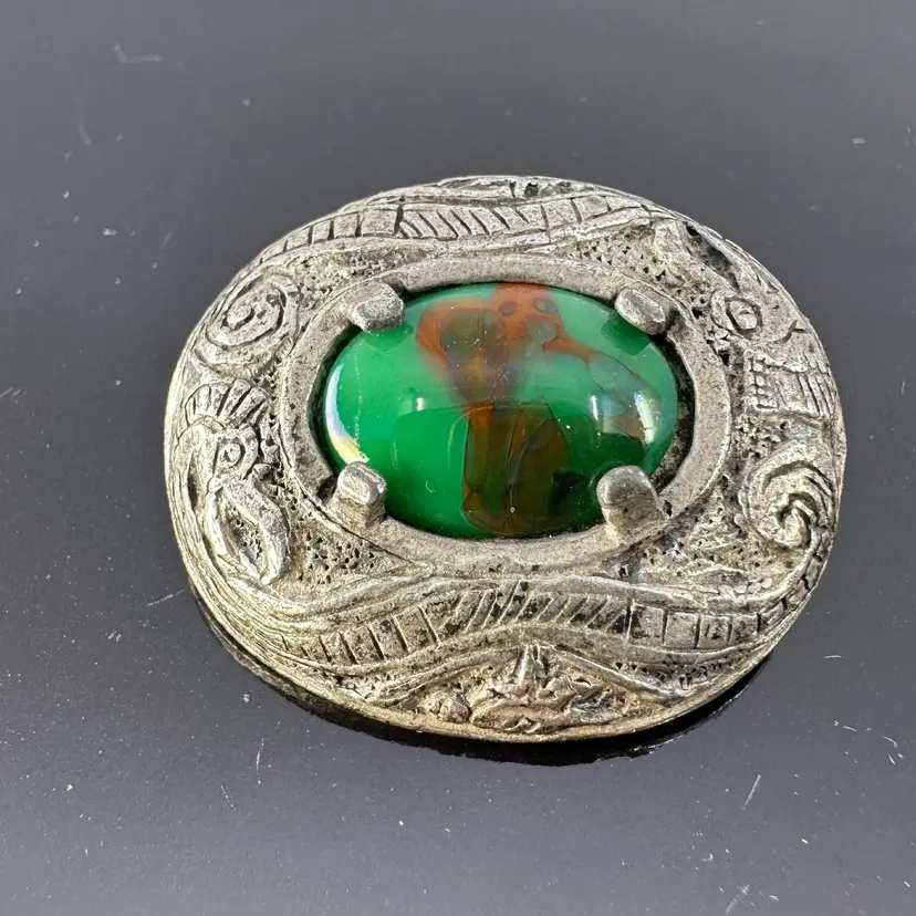 Vintage Celtic Revival Green Cabochon Brooch By Miracle