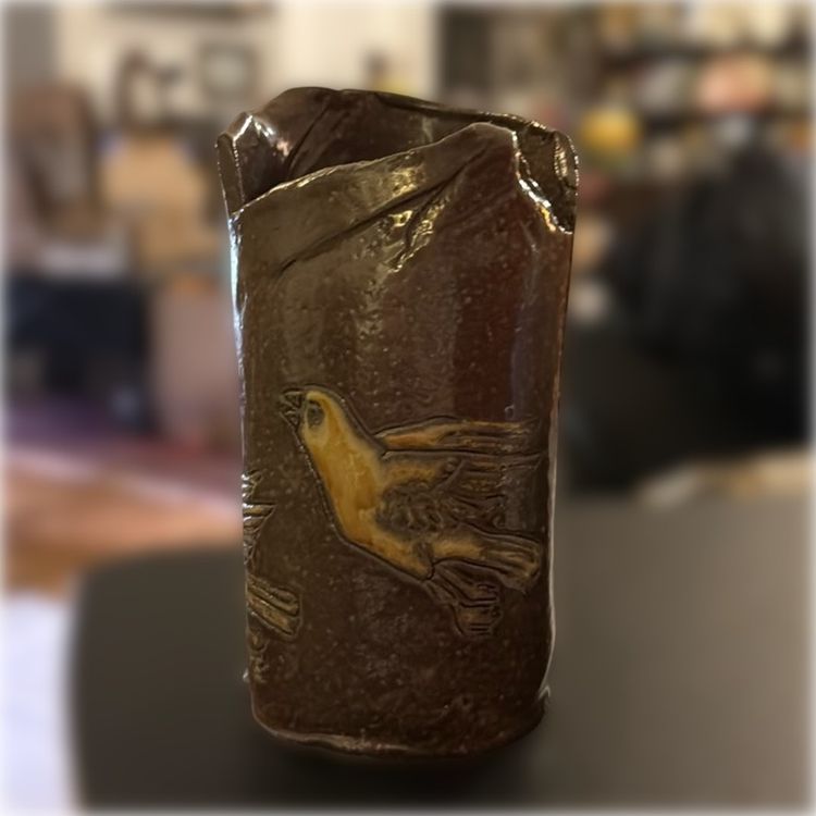 Hand-Signed Studio Art Pottery Bird Vase - 8” tall and 4” in diameter