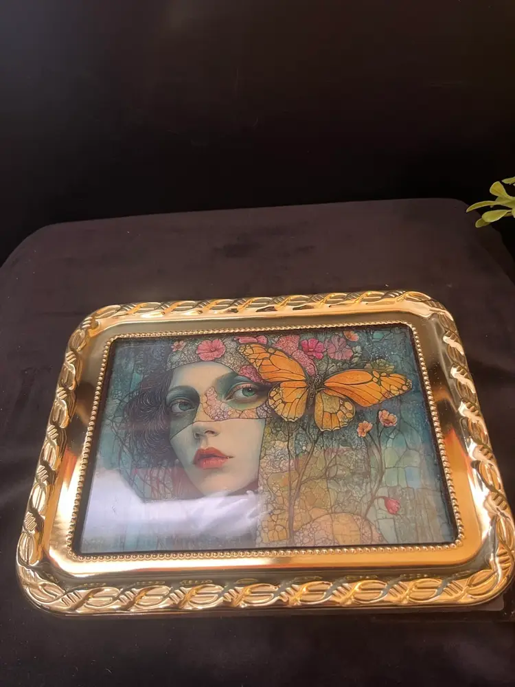 Whimsical Girl w/ Flowers & Butterfly in a Vintage Brass Frame