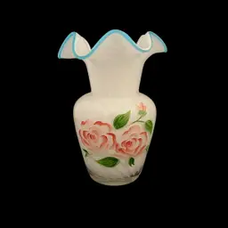 Fenton Optic Swirl Vase Blue Ruffled Rim Hand Painted Red and Pink Roses