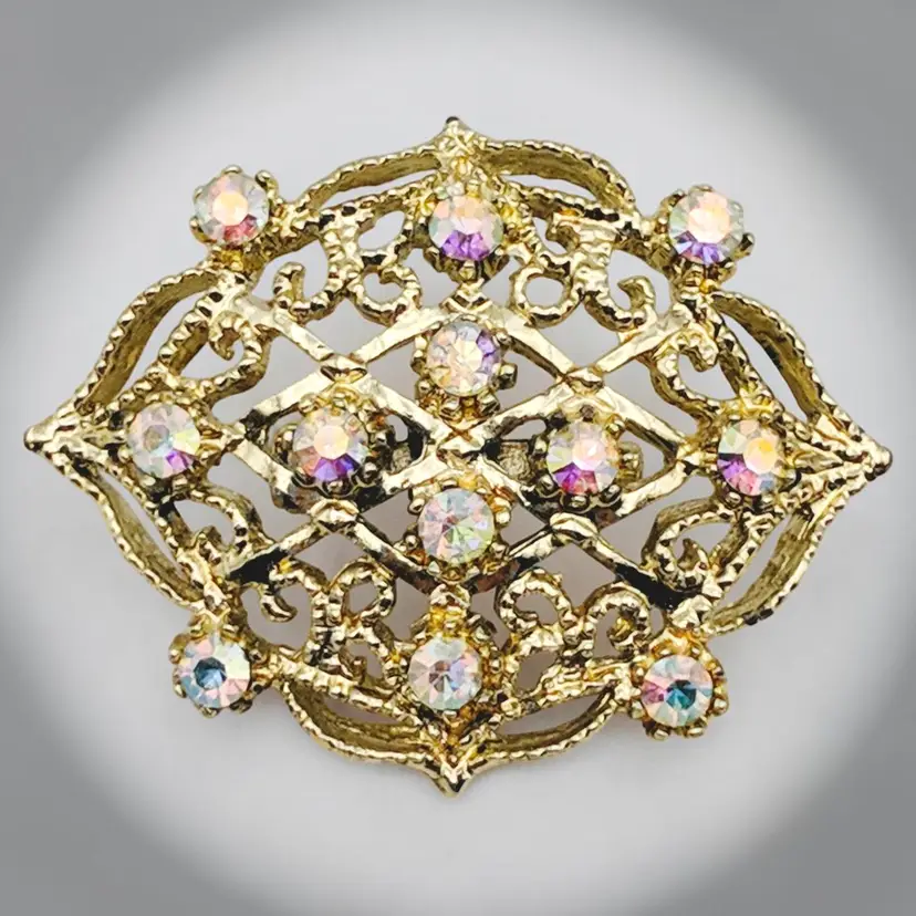 AB Aurora Borealis Gold tone Filigree Snowflake Vtg MCM Pin Brooch Estate Glam
