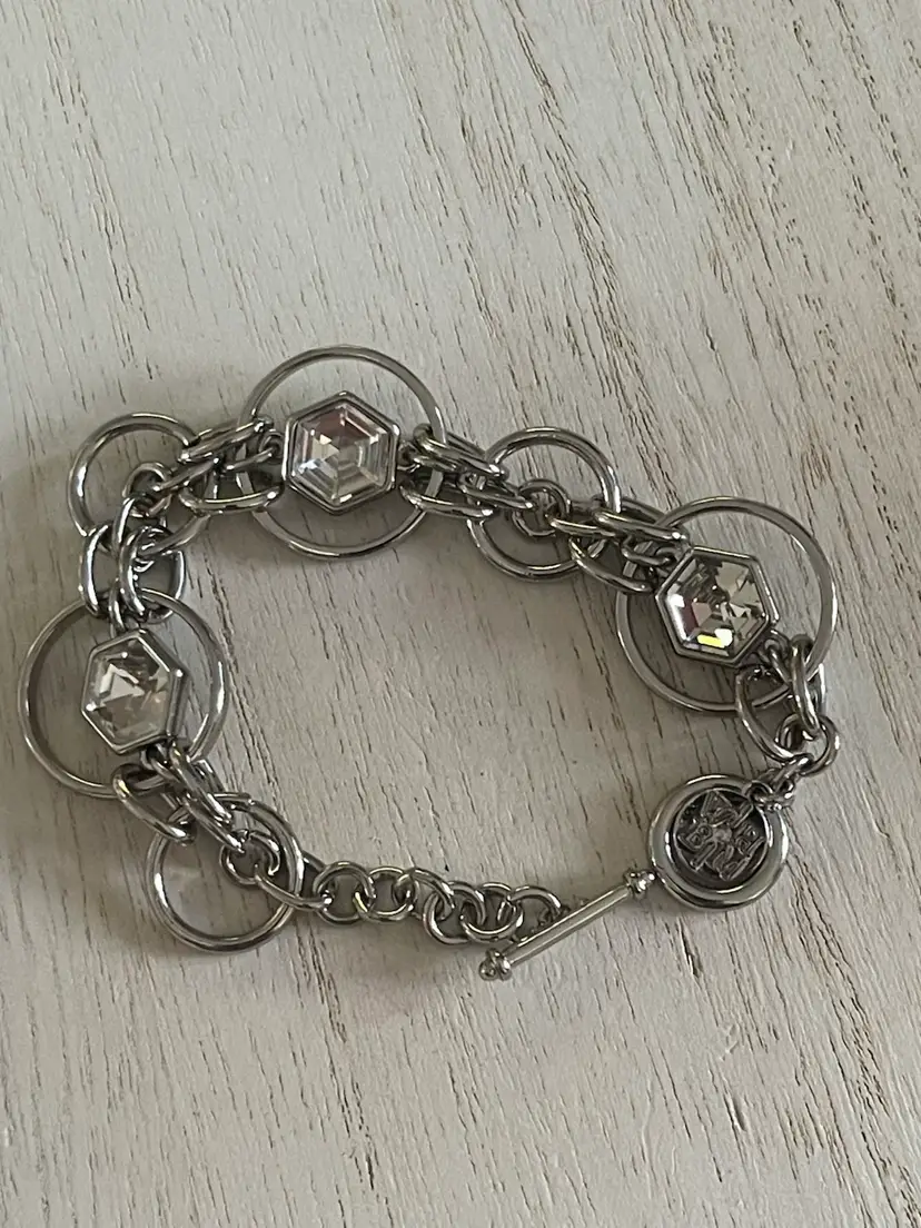 Black House White Market Silver Tone Rhinestone Round Link Bracelet Toggle Clasp