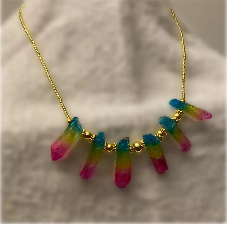 Gold Tone Beaded with Rainbow Aura Quartz Crystal Points Necklace