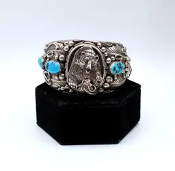Southwestern Sterling Silver Turquoise 3D Bear themed cuff bracelet 152g