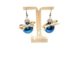 Christmas Ornament Earrings Blue Ball White Gold Bow