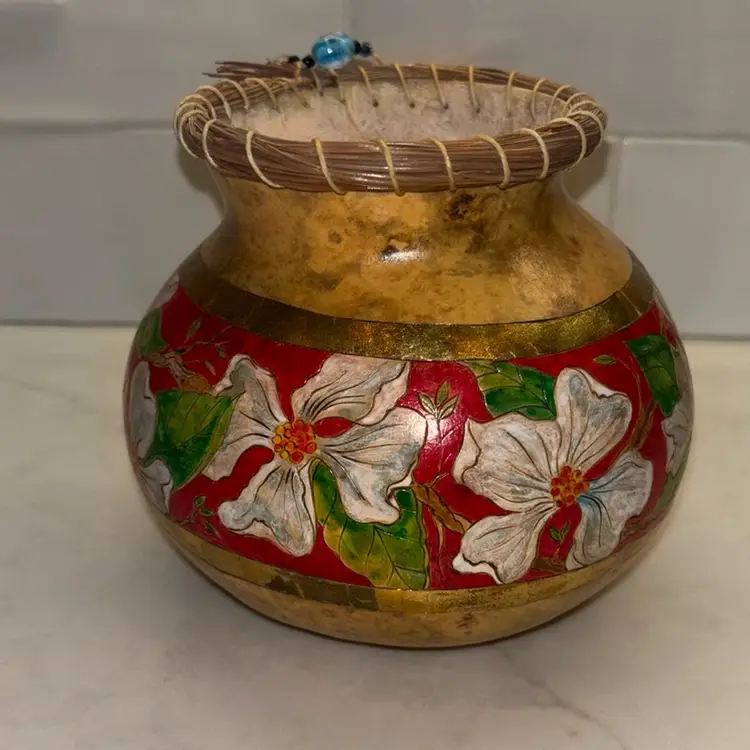 Gourd Art Hand Painted Magnolia Flowers 5” Pot Signed