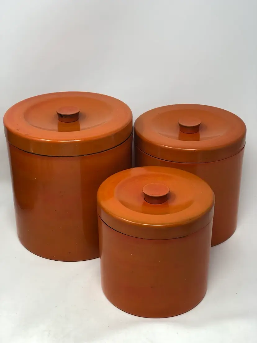 Set of 3 Orange Lacquerware Wooden Canisters with Lids