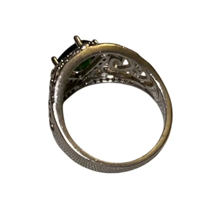 Sterling Synthetic Emerald Ring & White Stones Size 9