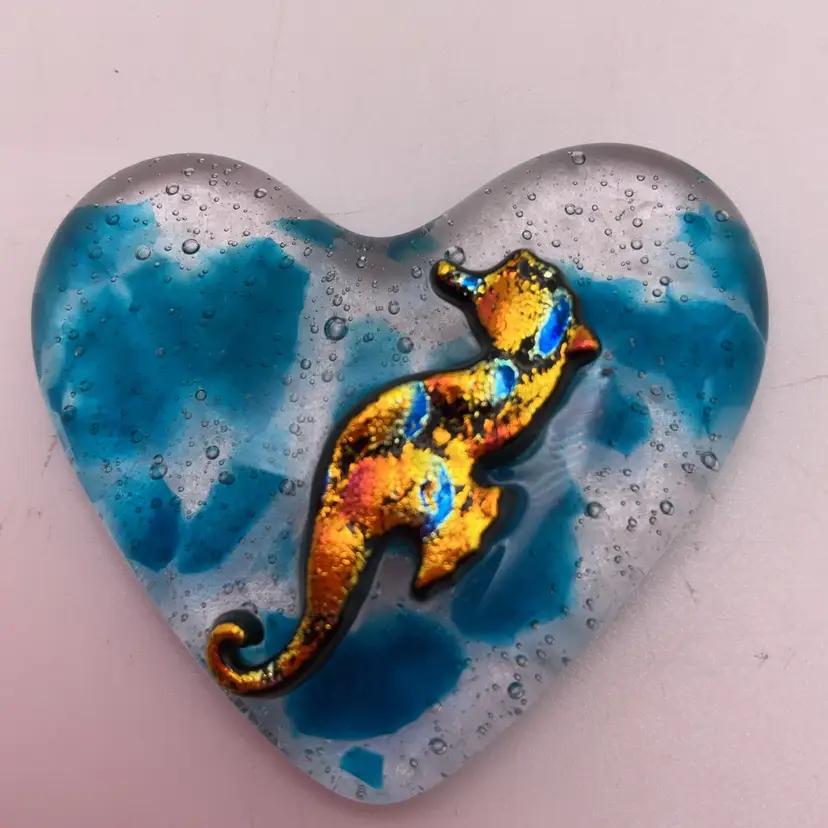 Made by Me! Fused Glass Pocket Heart Dichroic Seahorse 1.75” Handcrafted Studio Art