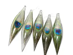 #01 Peacock Feather Clear Blown Glass Ornaments Set Of 5