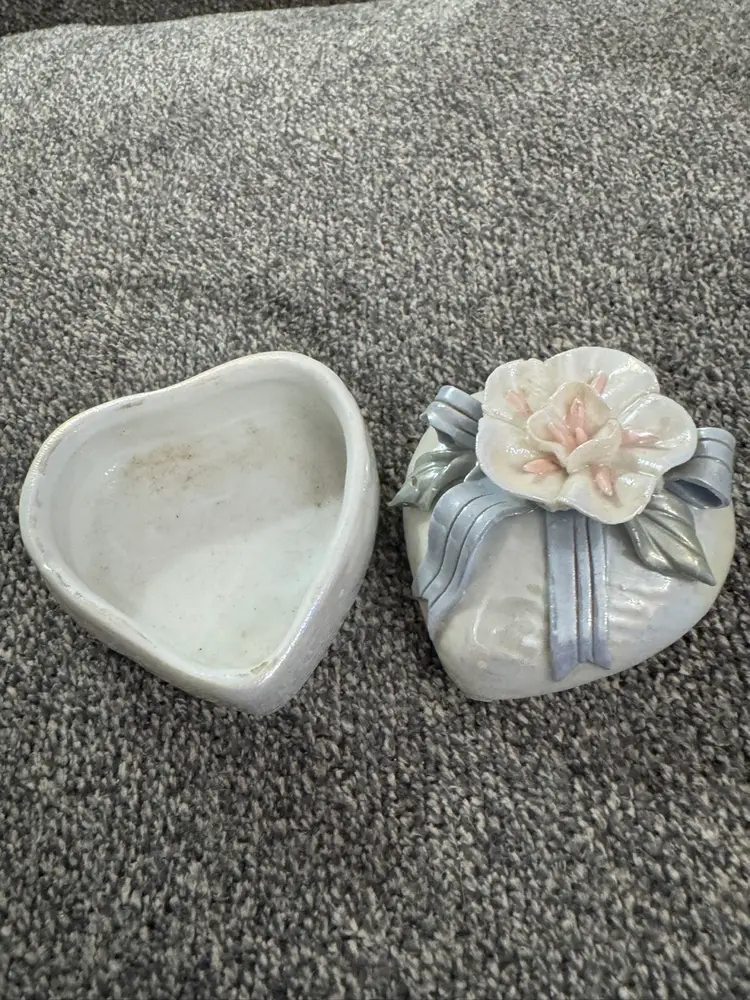 Porcelain Heart Trinket Box With Blue Ribbon