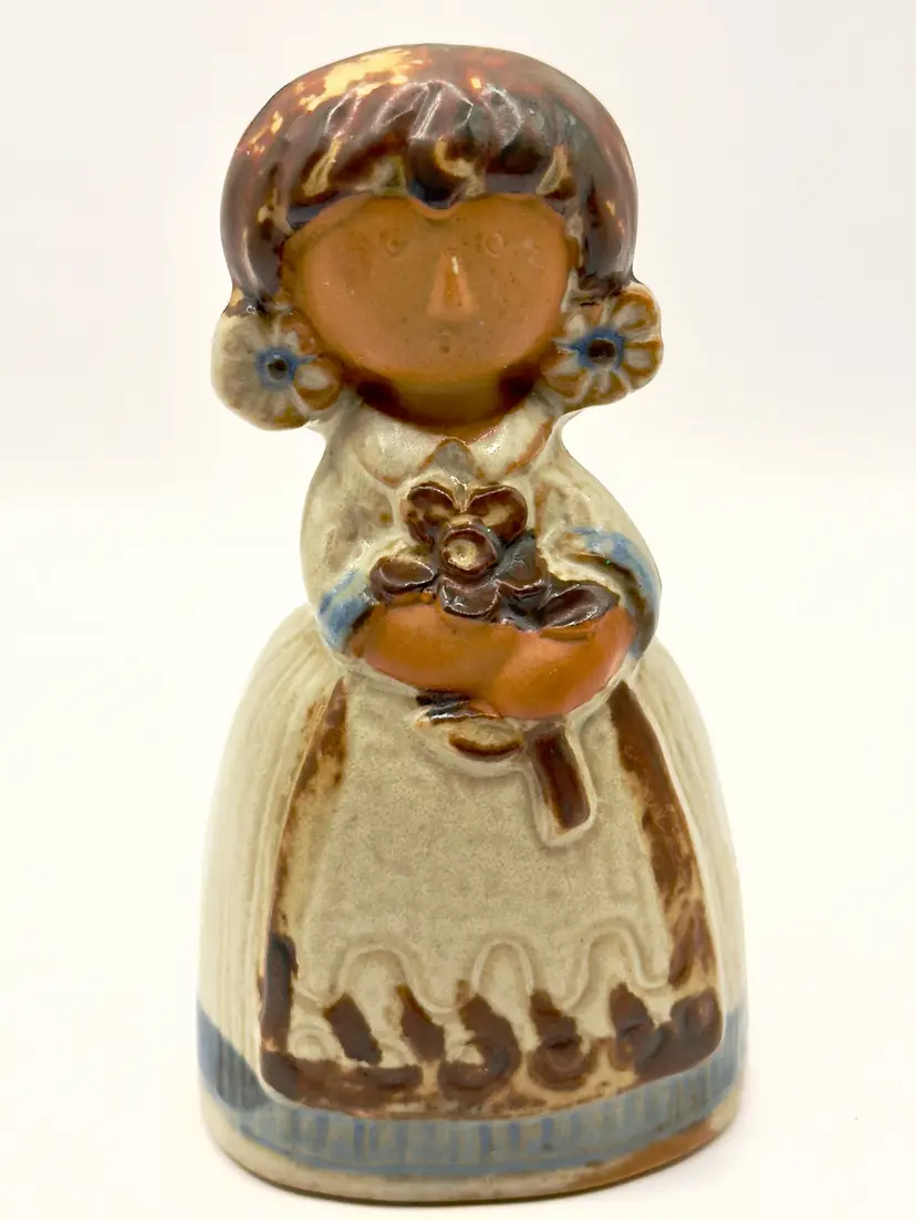 Vintage Pottery Girl Figurine Bell Holding Flowers, Hand-Painted, By Counterpoint Pottery San Francisco, Made in Japan