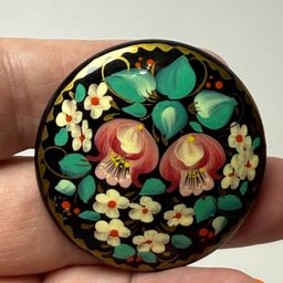 Vintage Ukrainian Lacquer Wood Brooch Folk Art Miniature Round Pink & White Florals Signed
