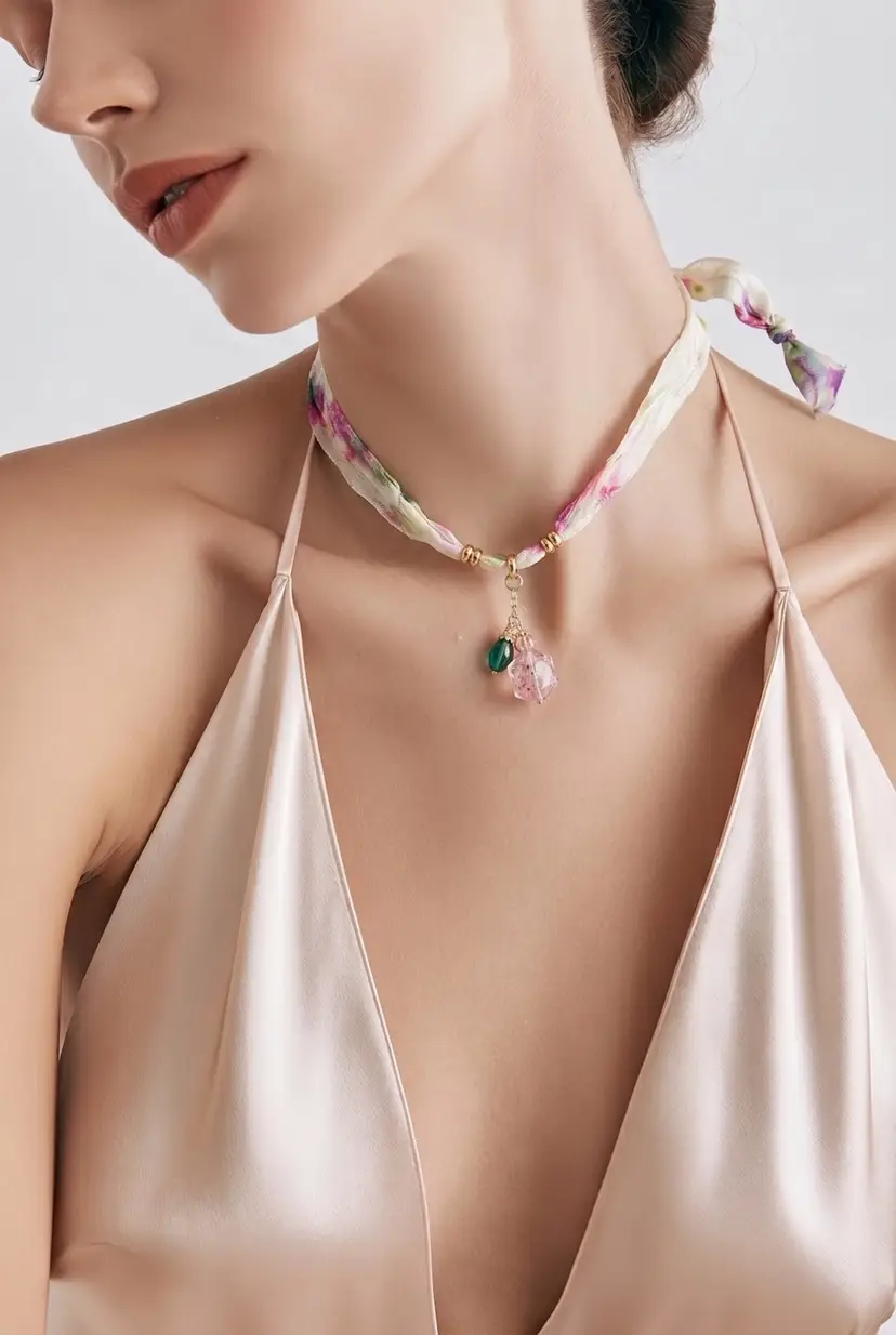 Floral Silk Ribbon Necklace With Pink And Teal Glass Charms
