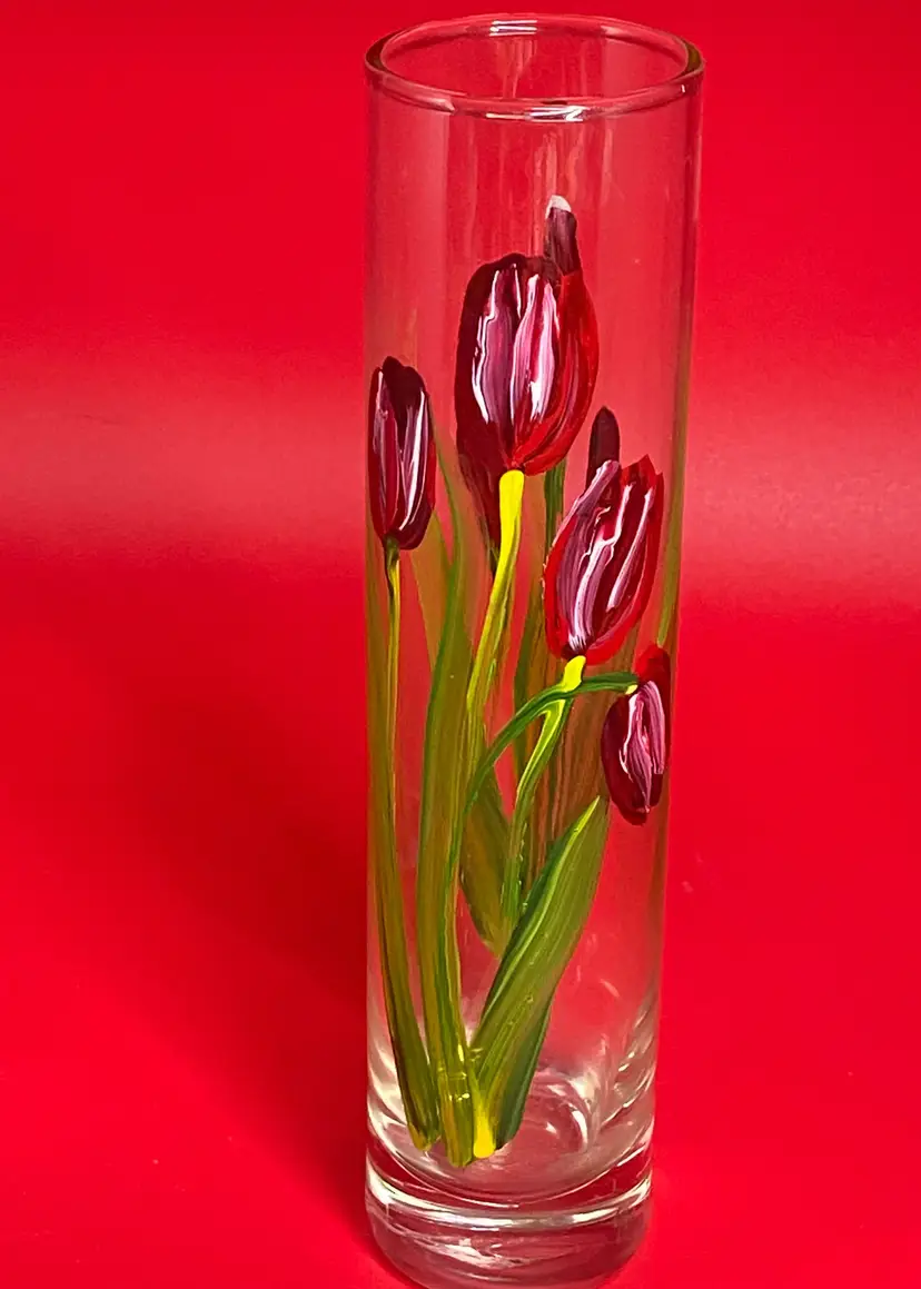 Vintage (1996) Hand Painted Tulip Vase, Artist Signed