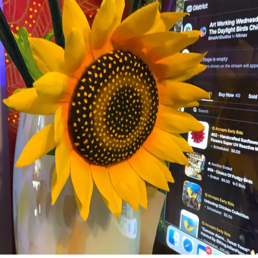Handcrafted Sunflower  Crepe Paper Flowers Super UV Reactive Made By Me Blossom Is 6” In Diameter And The STEM Is Approximately 16” Long Can Fold To Shorten It