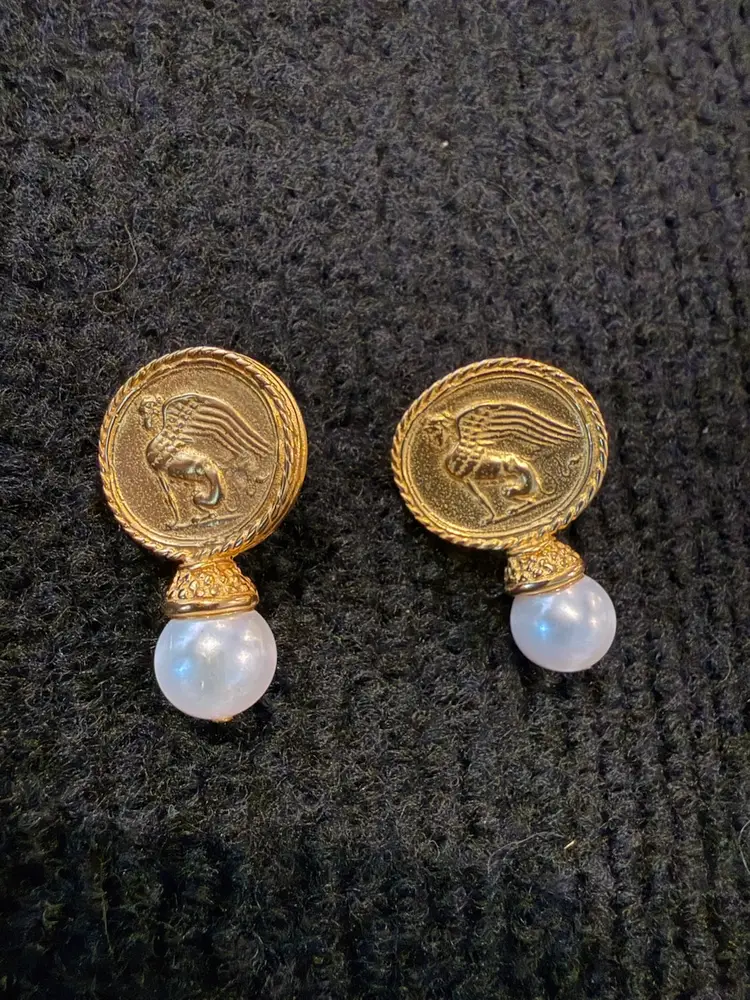 Vintage 1980's Winged Sphinx JADED JEWELS NYC Earrings Genuine Pearls.