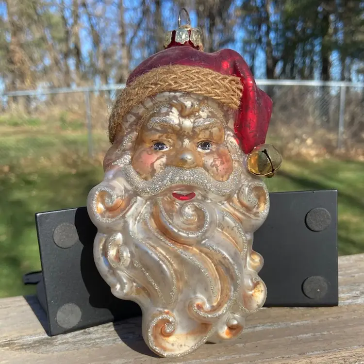 Blown Art Glass, Santa Face Ornament, With Brass-tone Working Bell (flat sound). Hanging Christmas Ornament with String. 6”h x 3”w.