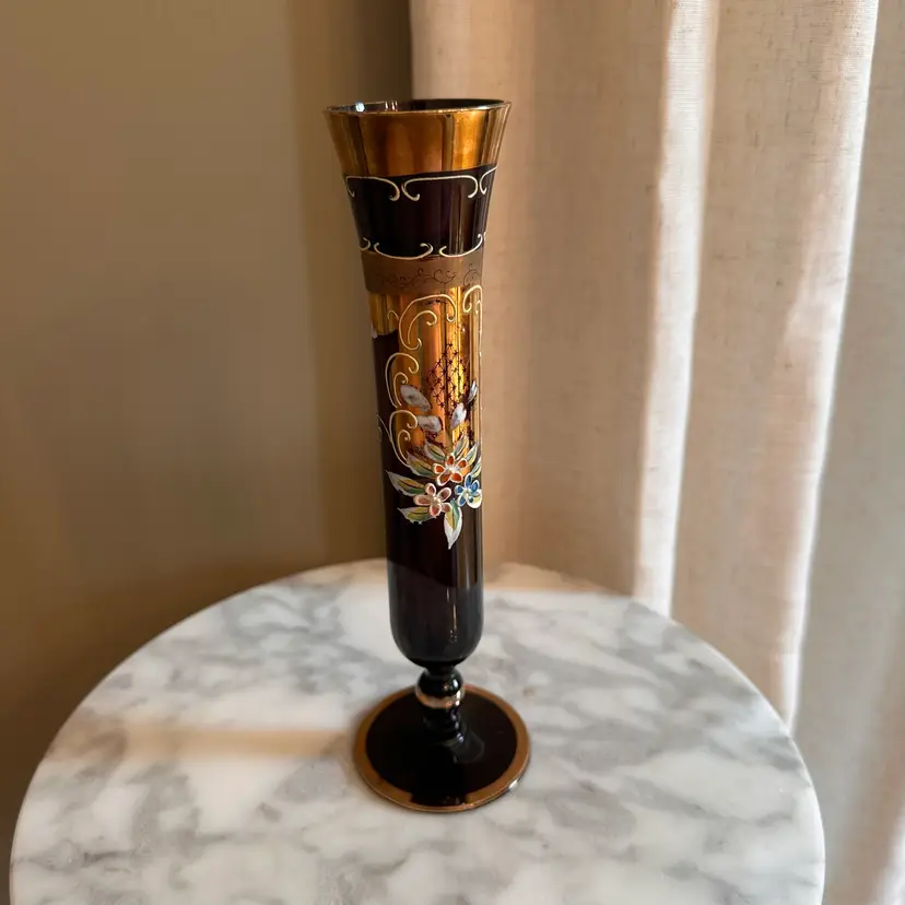 Czechoslovakia | Vintage Amethyst Glass Enamel Bud Vase with Gilt Floral Decoration