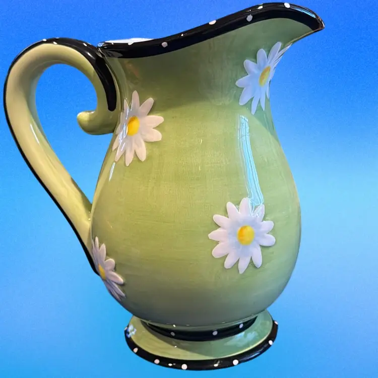 White Daisy & Lime Green Ceramic Pitcher