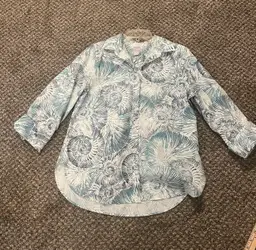 #01 Chico’s Nautical Blue No Iron Button Up Shirt Size 0 (US4-6) 3/4 Sleeve Stretch