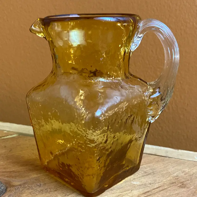Amber Art Glass Mini Pitcher W/ Clear Applied Handle