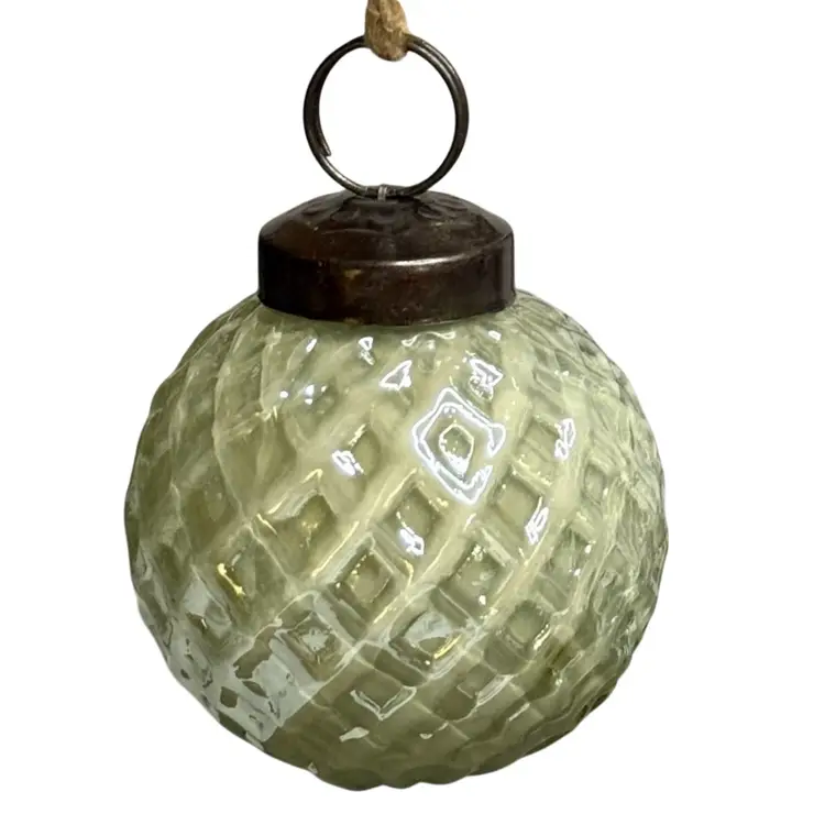 Set of 3 Glass Ornaments Soft Green Iridescent 1-Pinecone 1-Ribbed & 1-Waffle Texture Krugel Style
Range 2-1/2” L x 1-1/2” W To 3” T x 3” W